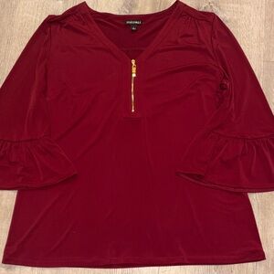 Roz & Ali Burgundy V-Neck Blouse with Bell Sleeves
